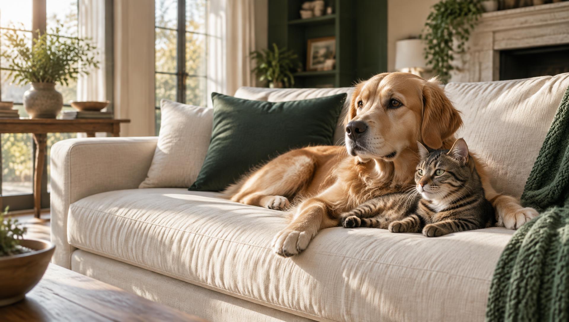 Cachorro e gato descansando juntos em casa