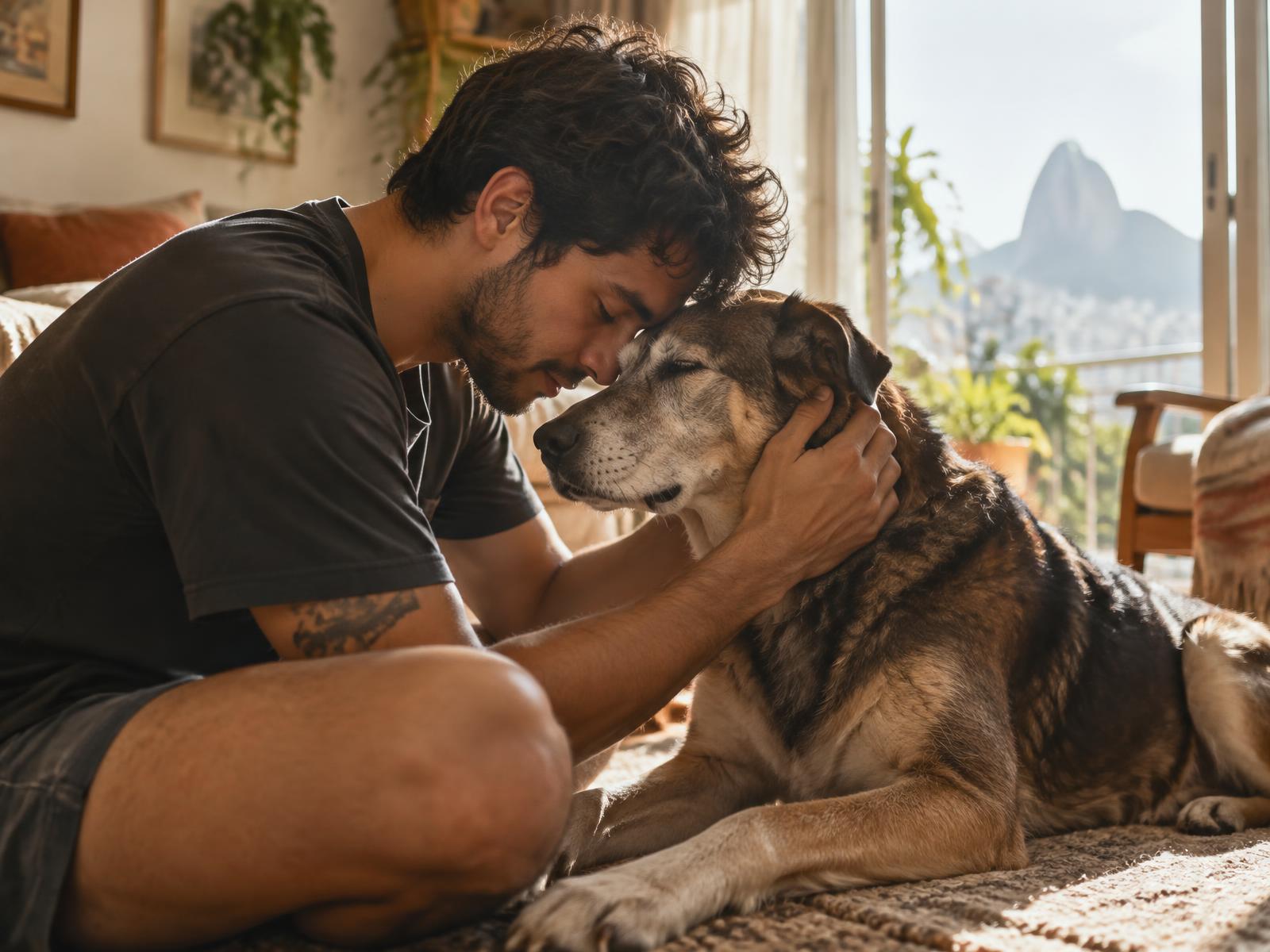 Tutor em um momento de carinho com seu cachorro idoso